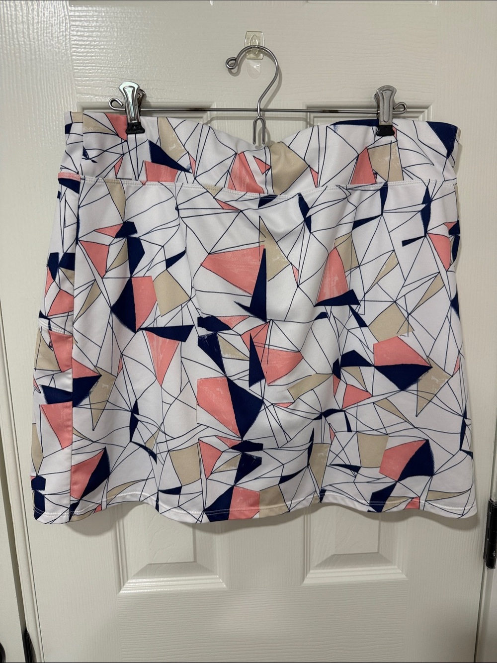 Geometric Print A-Line Skirt in White, Coral & Navy